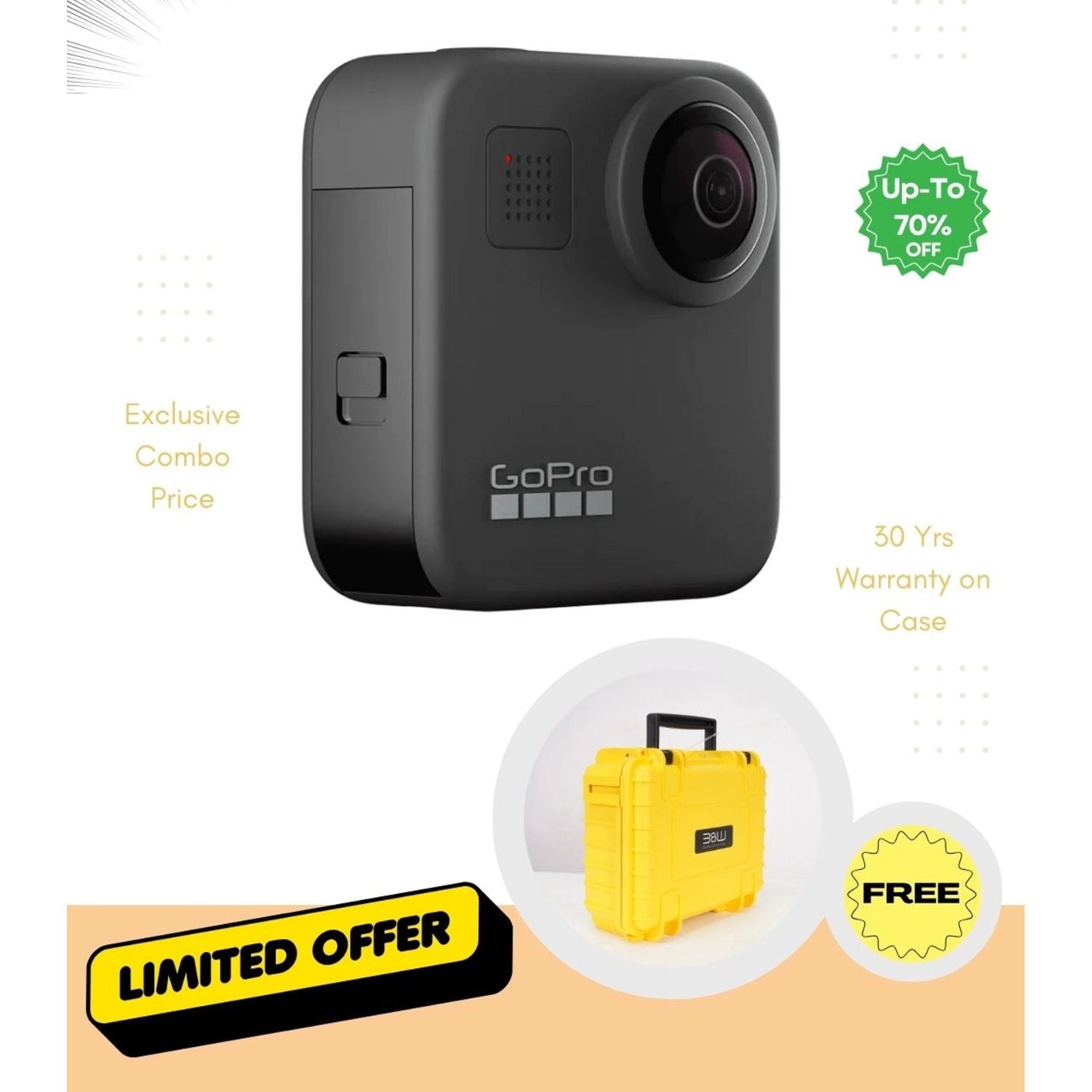 GoPro action camera with front lens, mic grille, and rugged black protective case